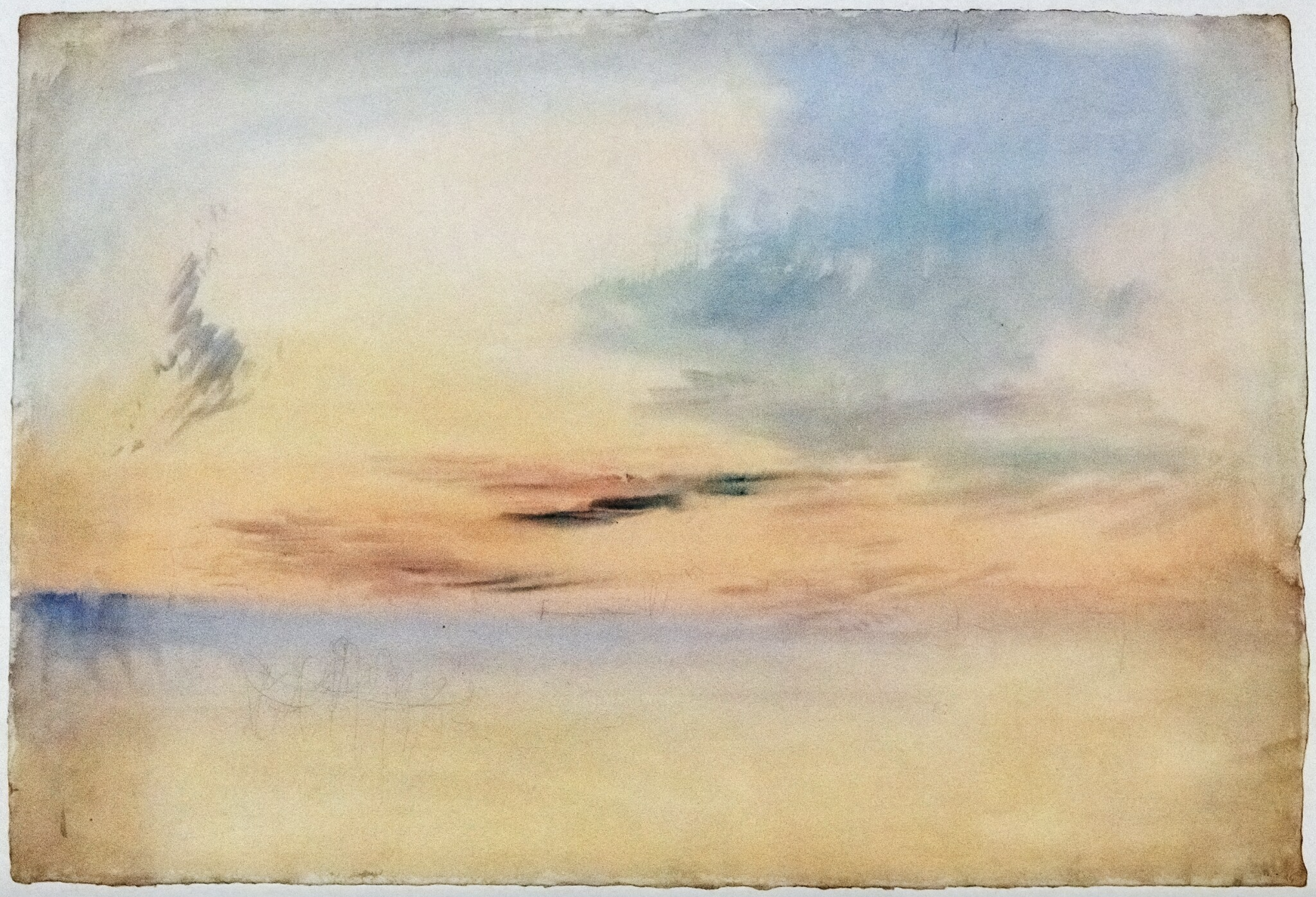 Abstract painting suggesting a sunset with clouds and soft colors